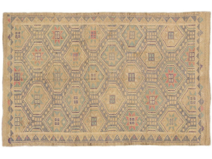 Vintage Soumak Handmade Geometric Designed Tan Wool Rug