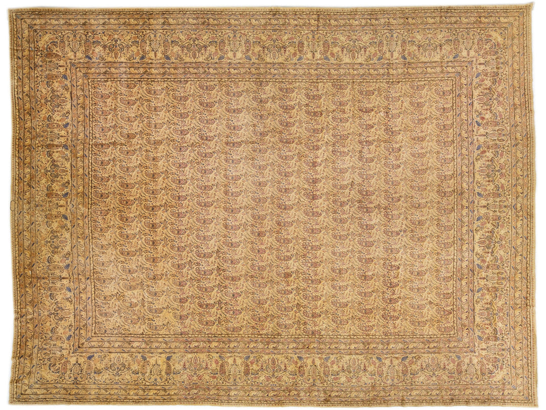 Tan Antique Kerman Handmade Allover Pattern Persian Wool Rug