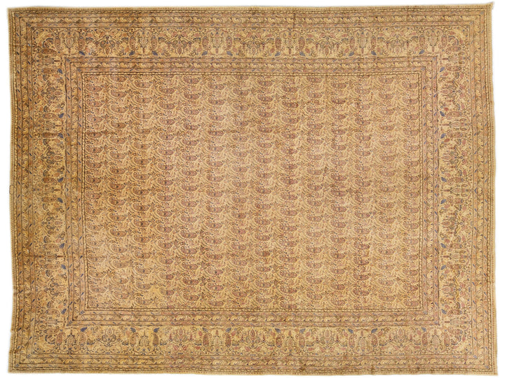 Tan Antique Kerman Handmade Allover Pattern Persian Wool Rug