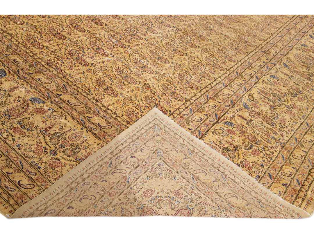Tan Antique Kerman Handmade Allover Pattern Persian Wool Rug