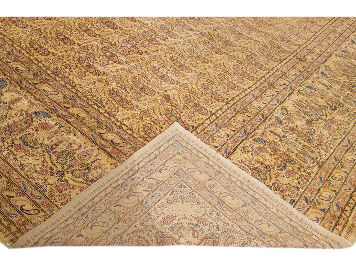 Tan Antique Kerman Handmade Allover Pattern Persian Wool Rug