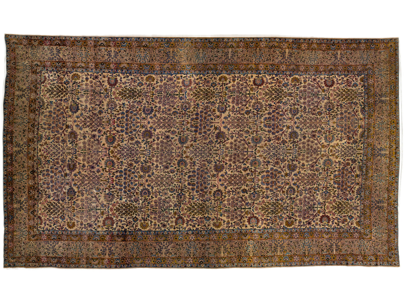 Tan Antique Kerman Handmade Allover Motif Persian Wool Rug