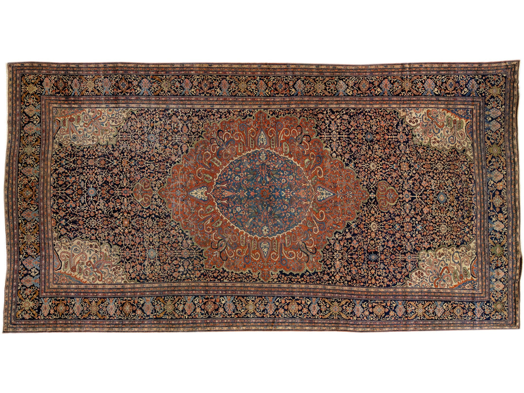 Antique Farahan Handmade Blue & Rust Persian Wool Rug With Rosette Motif