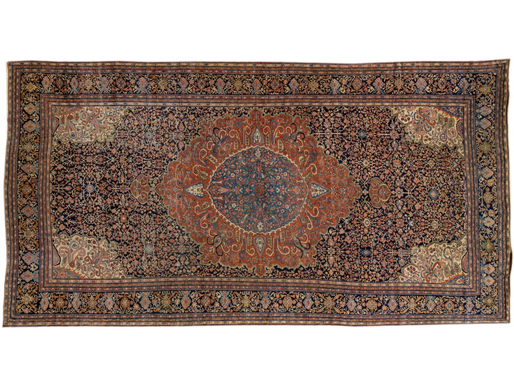 Antique Farahan Handmade Blue & Rust Persian Wool Rug With Rosette Motif