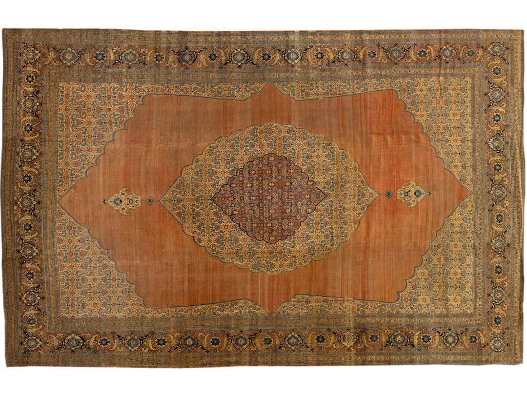 Orange Antique Tabriz Handmade Oversize Persian Wool Rug with Medallion Design