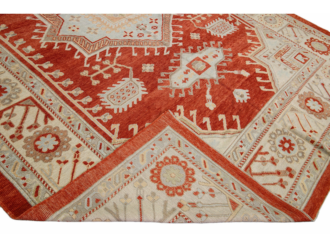 Modern Oushak Handmade Designed Wool Rug With a Terracotta Orange Color