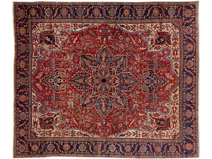Antique Persian Heriz Red Handmade Wool Rug With Multicolor Medallion Motif