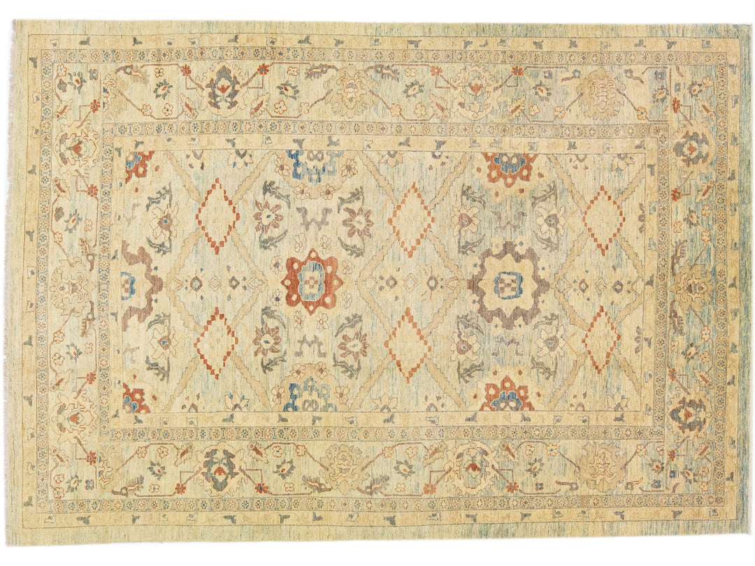 Modern Indian Handmade Beige Wool Rug with Geometric Motif