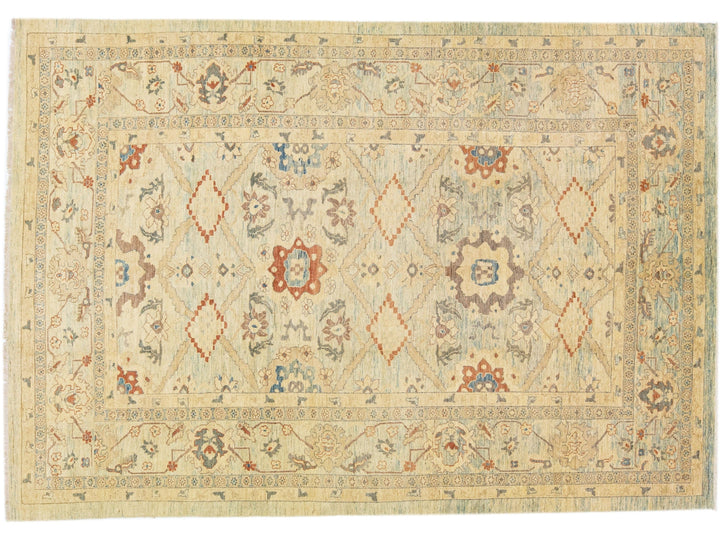 Modern Indian Handmade Beige Wool Rug with Geometric Motif