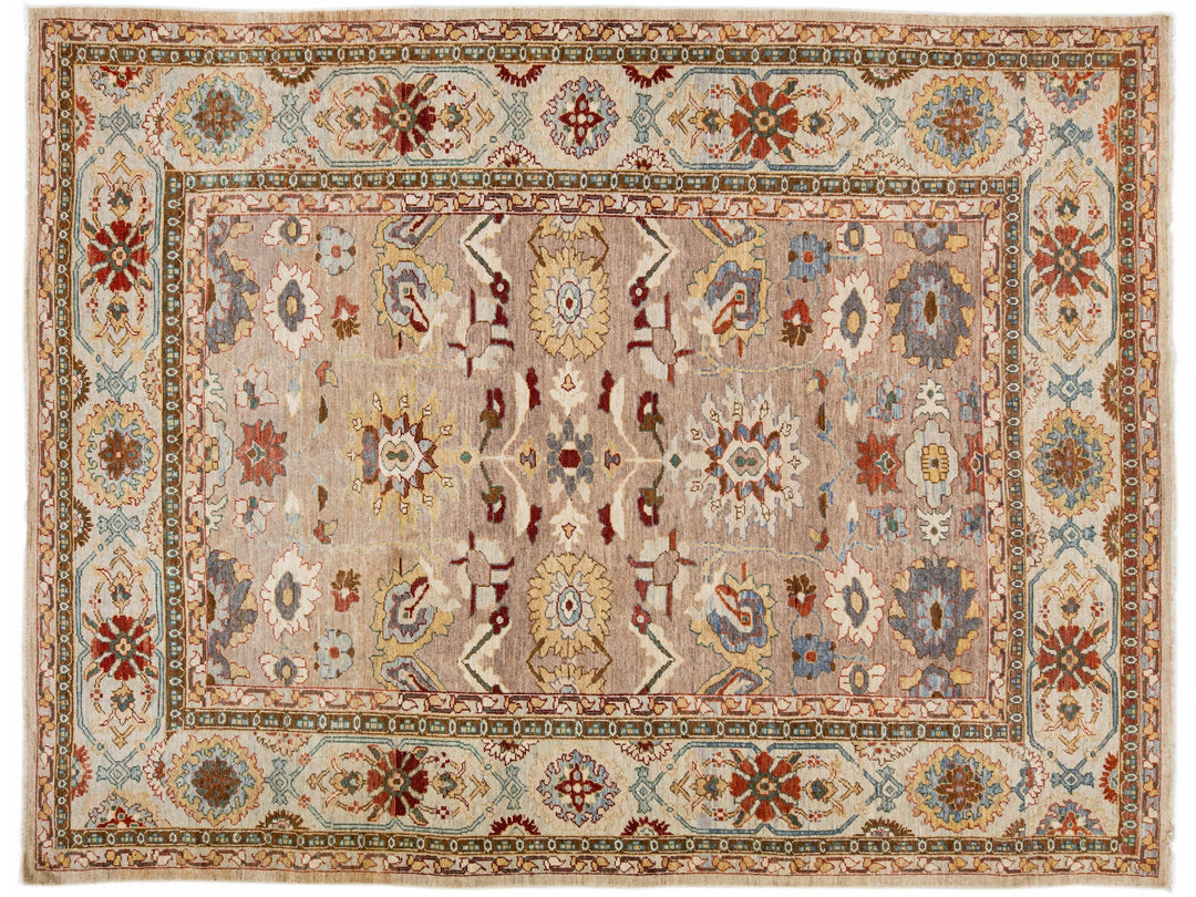 Brown Modern Sultanabad Handmade Wool Rug with Floral Design