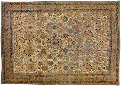Antique Persian Tabriz Handmade Allover Motif Beige Oversize Wool Rug