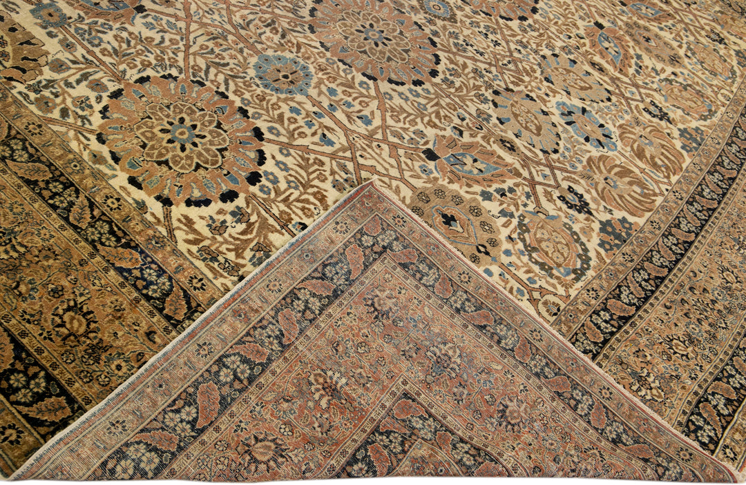 Antique Persian Tabriz Handmade Allover Motif Beige Oversize Wool Rug