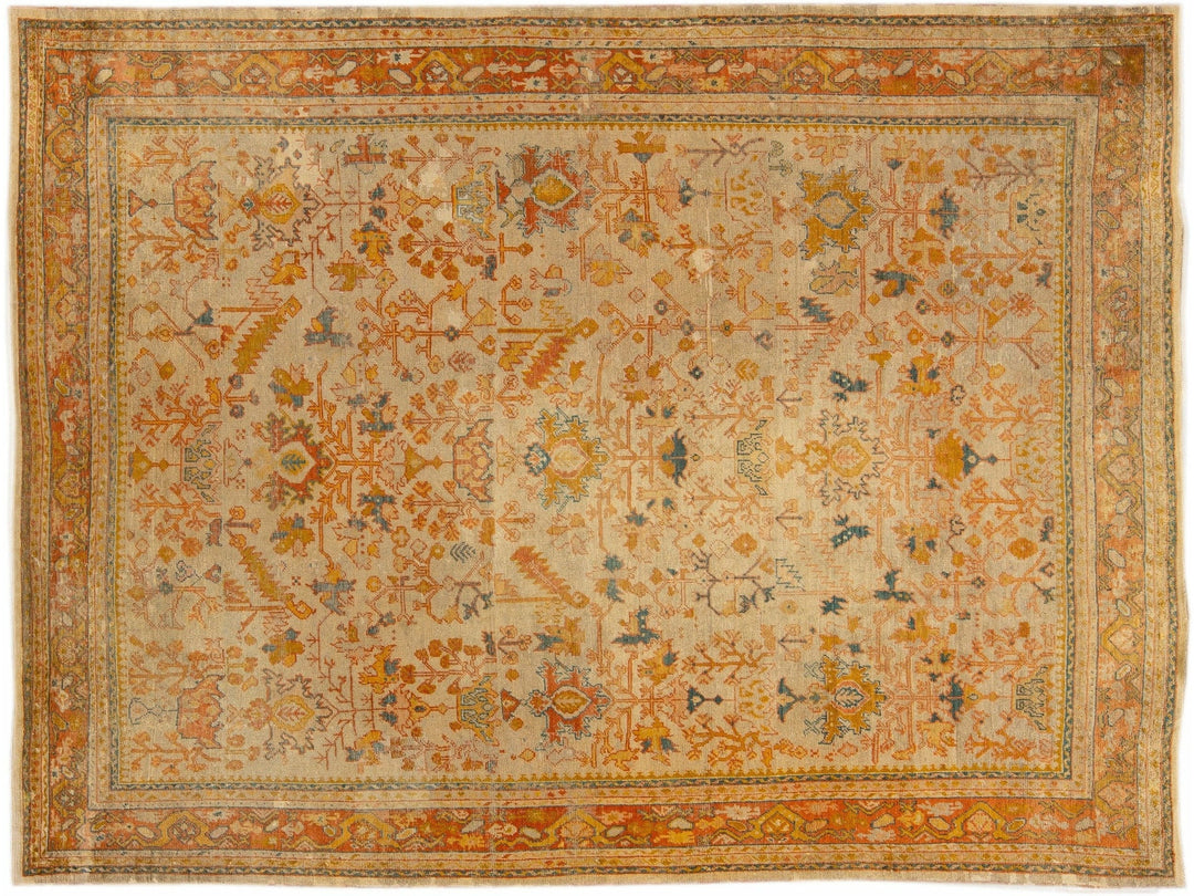 Antique Turkish Oushak Handmade Orange floral Motif Wool Rug