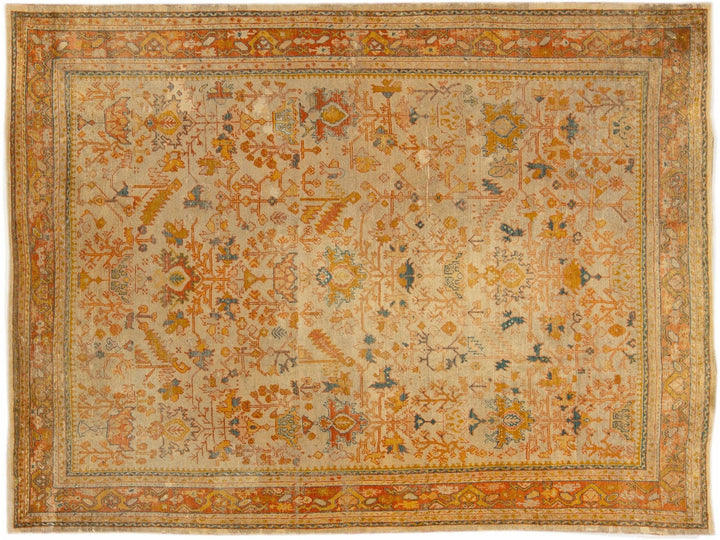 Antique Turkish Oushak Handmade Orange floral Motif Wool Rug