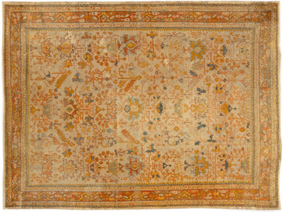 Antique Turkish Oushak Handmade Orange floral Motif Wool Rug