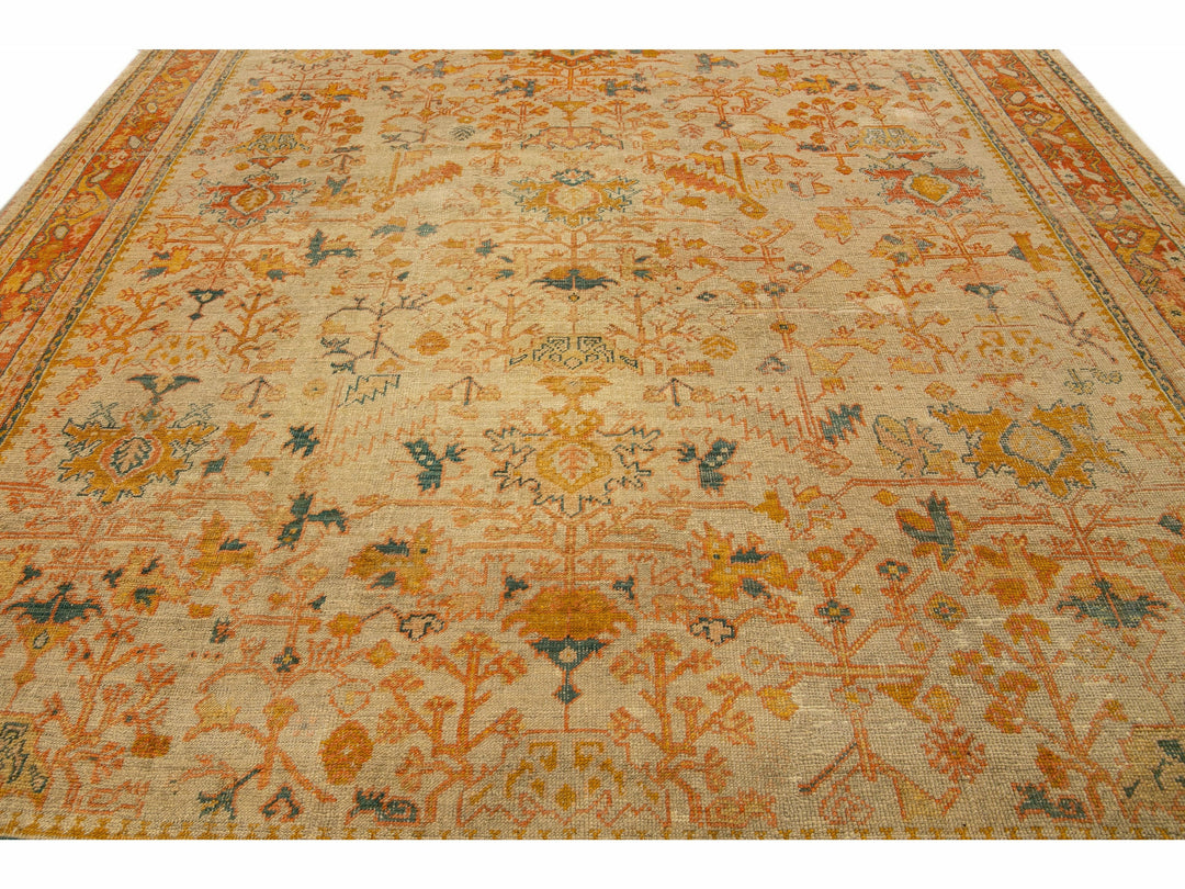 Antique Turkish Oushak Handmade Orange floral Motif Wool Rug