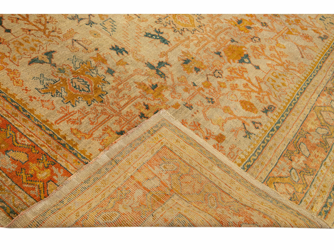 Antique Turkish Oushak Handmade Orange floral Motif Wool Rug