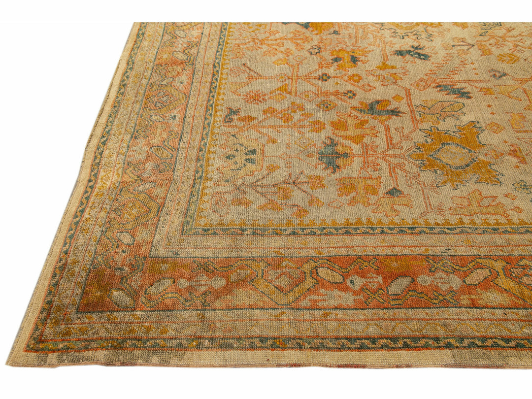 Antique Turkish Oushak Handmade Orange floral Motif Wool Rug