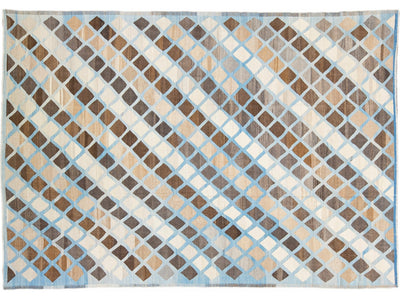 Modern Kilim Flat-Weave Geometric Blue and Brown Oversize Wool Rug
