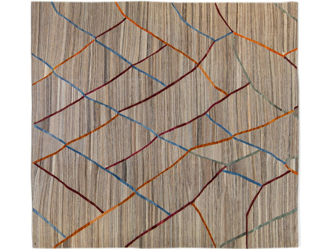 Contemporary Flat-Weave Kilim Tribal Motif Brown Square Wool Rug