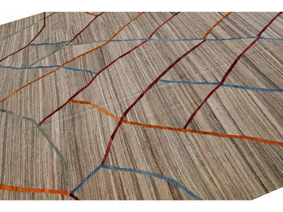 Contemporary Flat-Weave Kilim Tribal Motif Brown Square Wool Rug