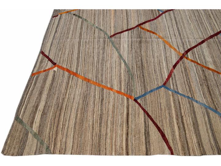 Contemporary Flat-Weave Kilim Tribal Motif Brown Square Wool Rug