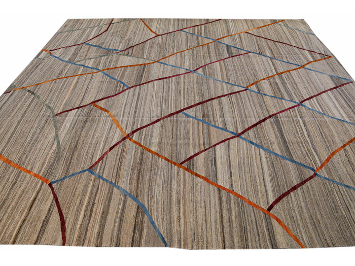 Contemporary Flat-Weave Kilim Tribal Motif Brown Square Wool Rug