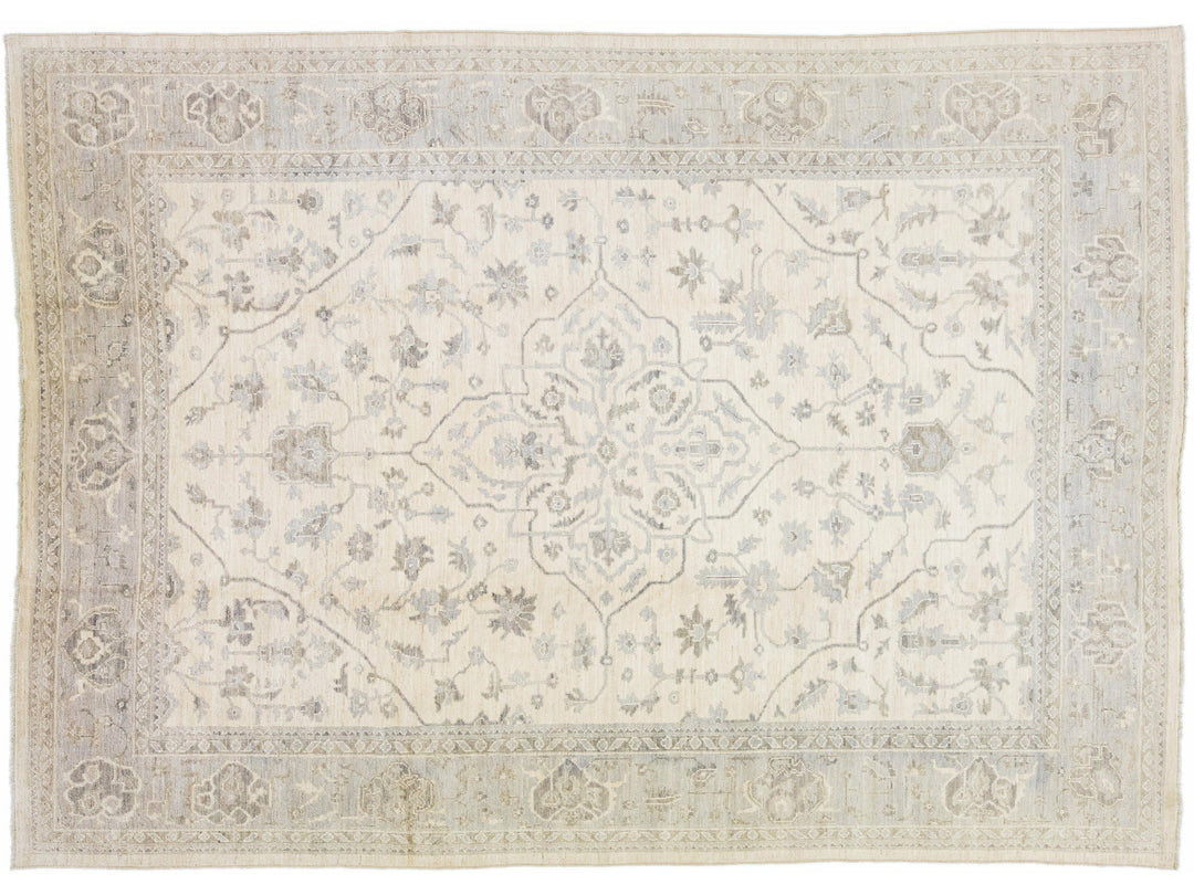Modern Oushak Handmade Medallion Motif Beige Wool Rug