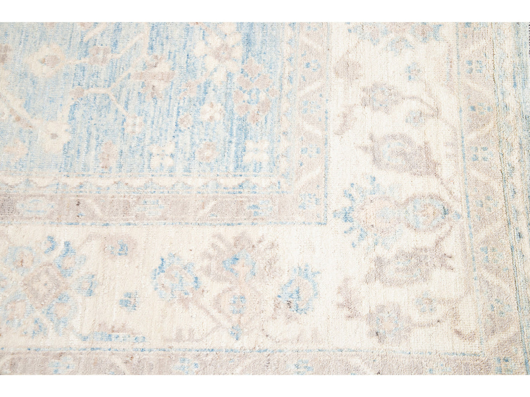 Modern Turkish Oushak Handmade Blue and Beige Wool Rug