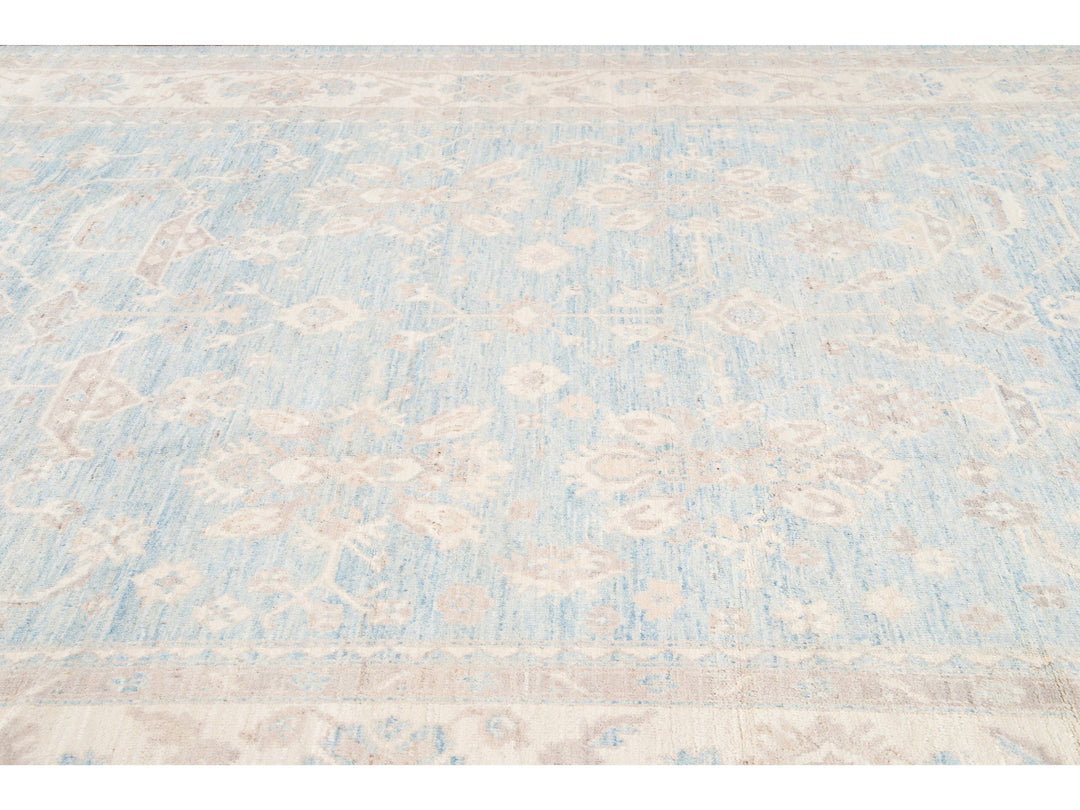 Modern Turkish Oushak Handmade Blue and Beige Wool Rug