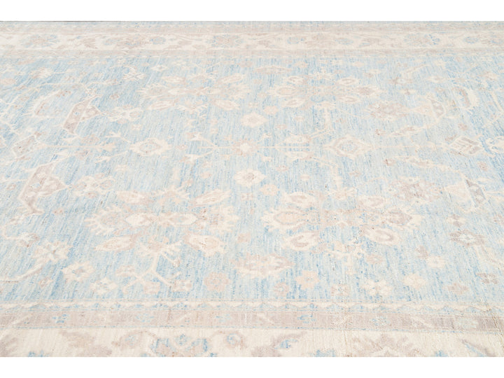 Modern Turkish Oushak Handmade Blue and Beige Wool Rug
