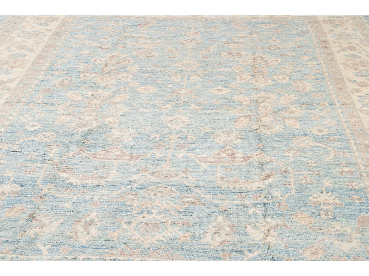 Modern Turkish Oushak Handmade Blue and Beige Wool Rug