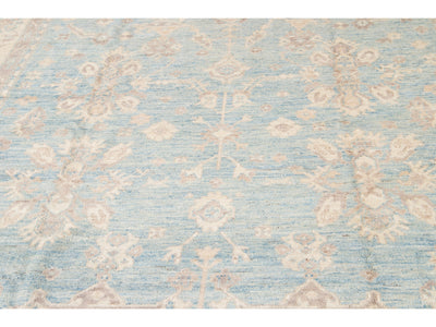 Modern Turkish Oushak Handmade Blue and Beige Wool Rug