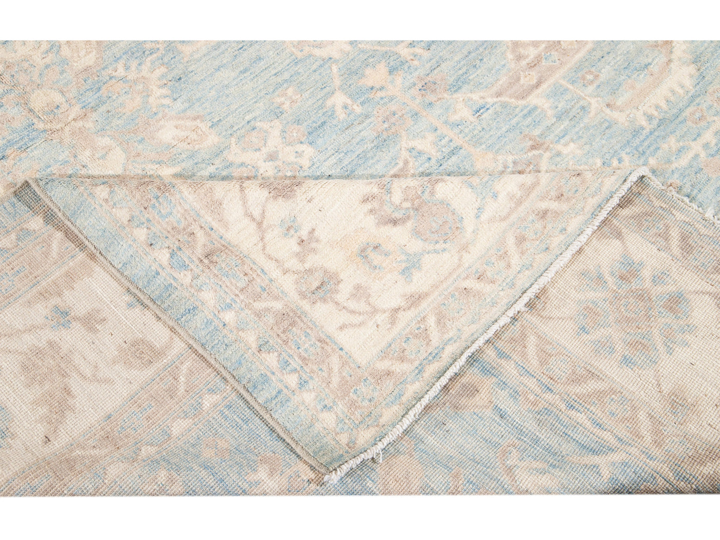 Modern Turkish Oushak Handmade Blue and Beige Wool Rug