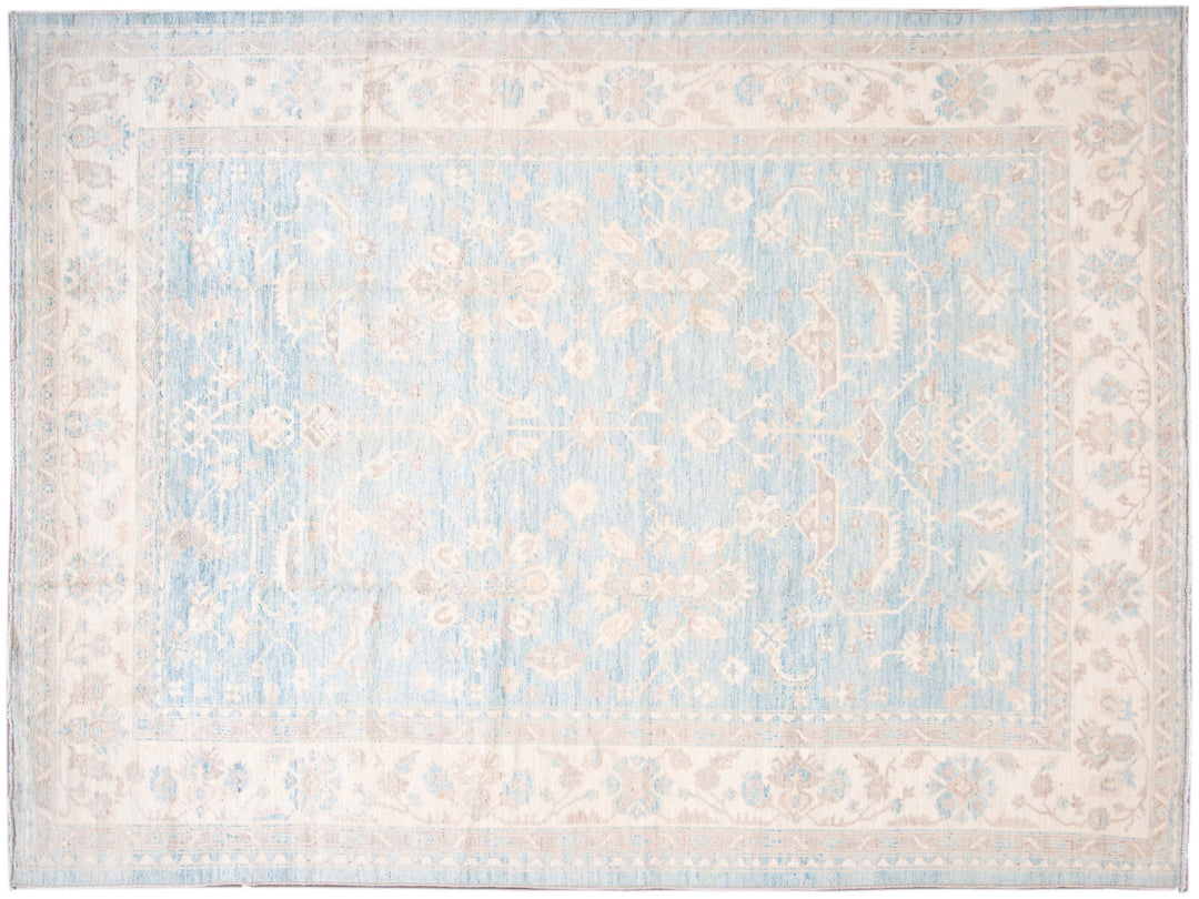 Modern Turkish Oushak Handmade Blue and Beige Wool Rug