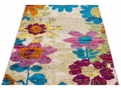 Beige Modern Indian Handmade Multicolor Floral Designed Wool Runner
