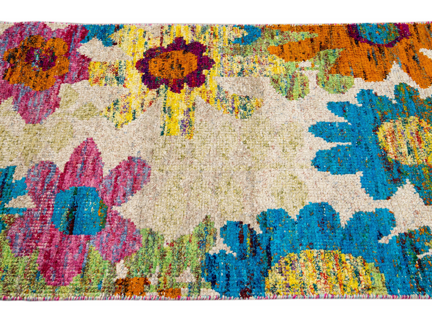 Beige Modern Indian Handmade Multicolor Floral Designed Wool Runner