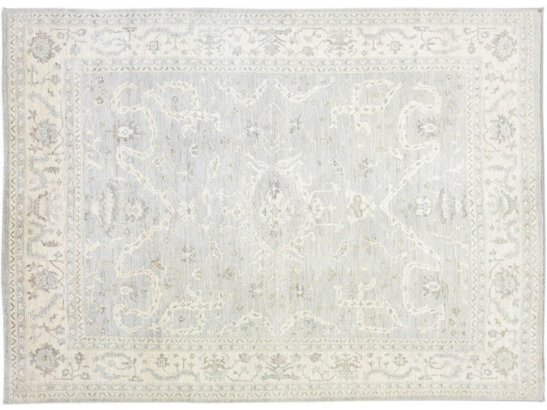 Modern Turkish Oushak Gray Handmade Floral Wool Rug