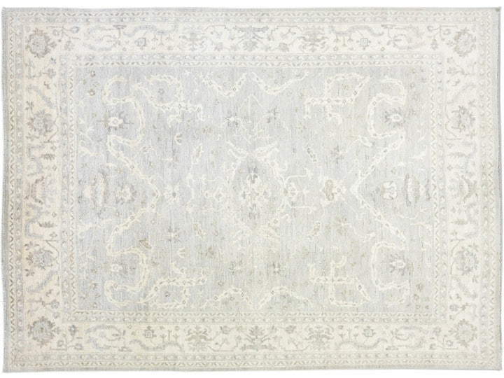 Modern Turkish Oushak Gray Handmade Floral Wool Rug