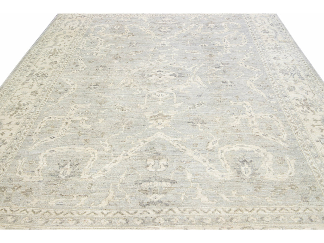 Modern Turkish Oushak Gray Handmade Floral Wool Rug
