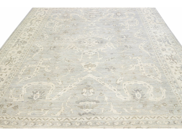 Modern Turkish Oushak Gray Handmade Floral Wool Rug