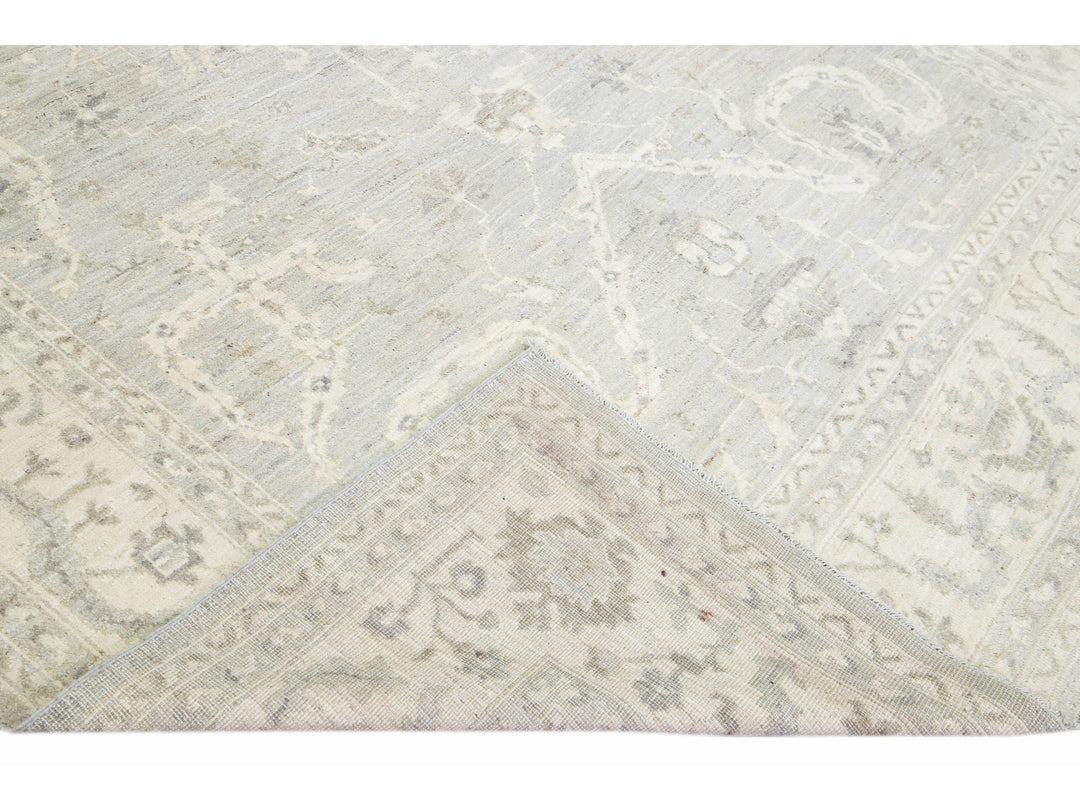 Modern Turkish Oushak Gray Handmade Floral Wool Rug