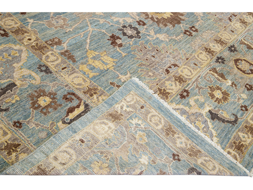 Modern Oversize Sultanabad Handmade Floral Blue Wool Rug