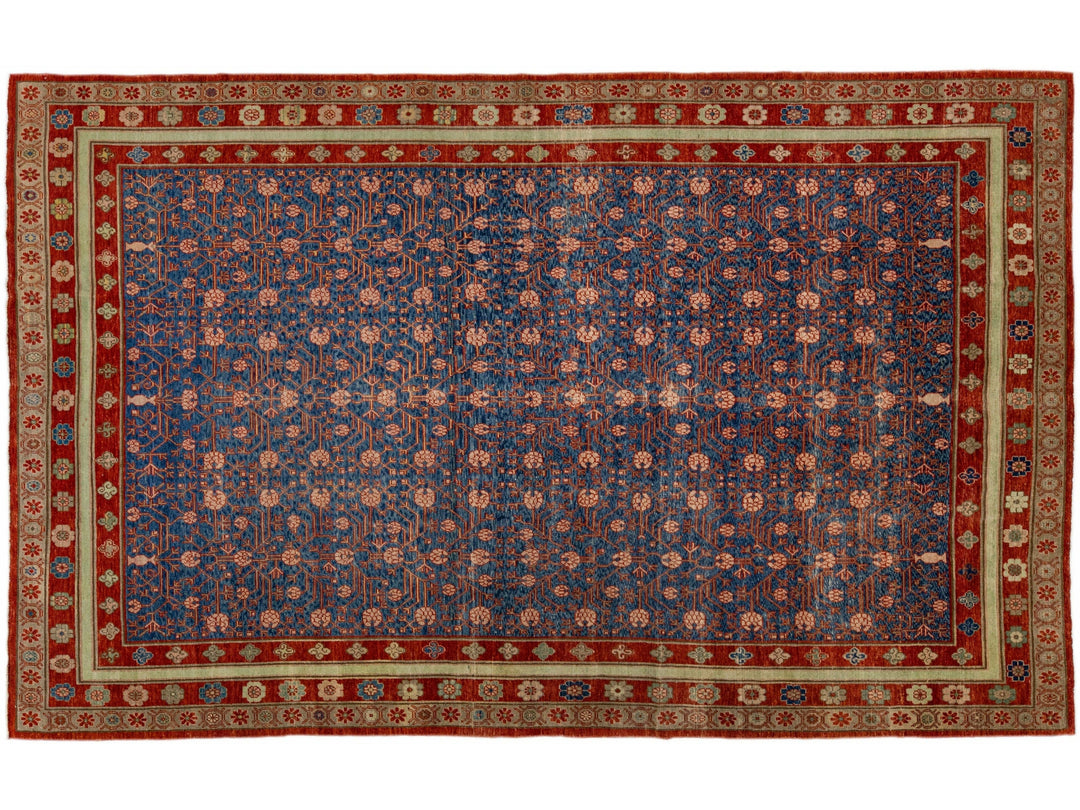 Blue Mid-Century Vintage Khotan Handmade Geometric Wool Area Rug