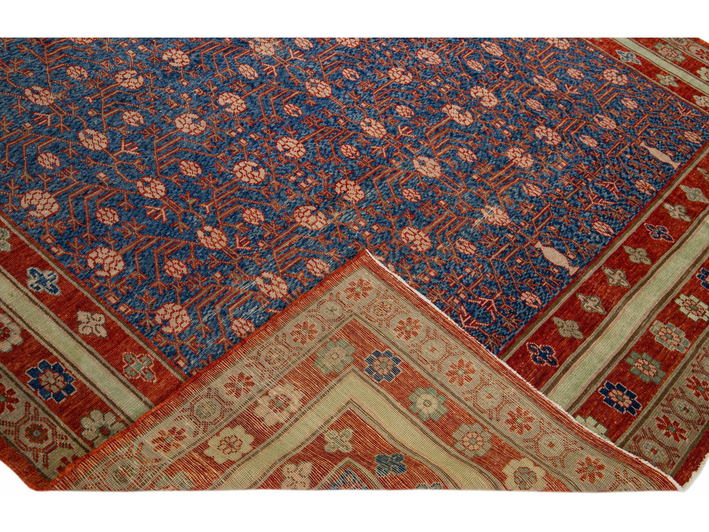 Blue Mid-Century Vintage Khotan Handmade Geometric Wool Area Rug