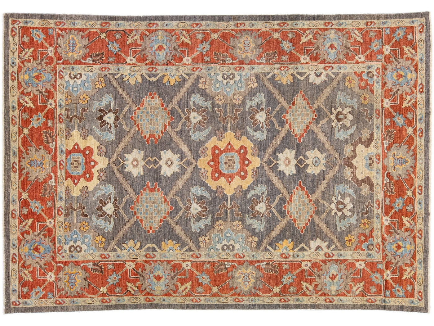 Modern Sultanabad Handmade Gray & Rust Wool Rug With Allover Motif