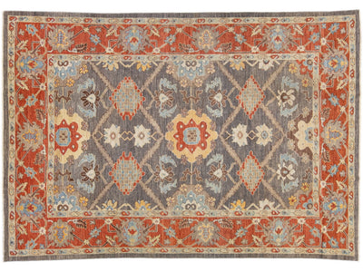 Modern Sultanabad Handmade Gray & Rust Wool Rug With Allover Motif