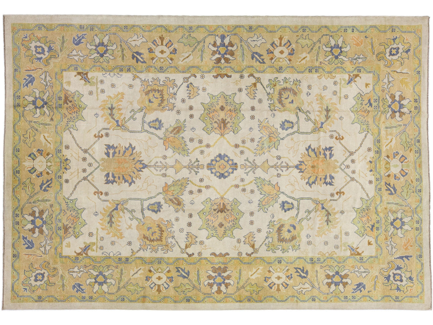 Modern Turkish Oushak Beige Handmade Floral Wool Rug