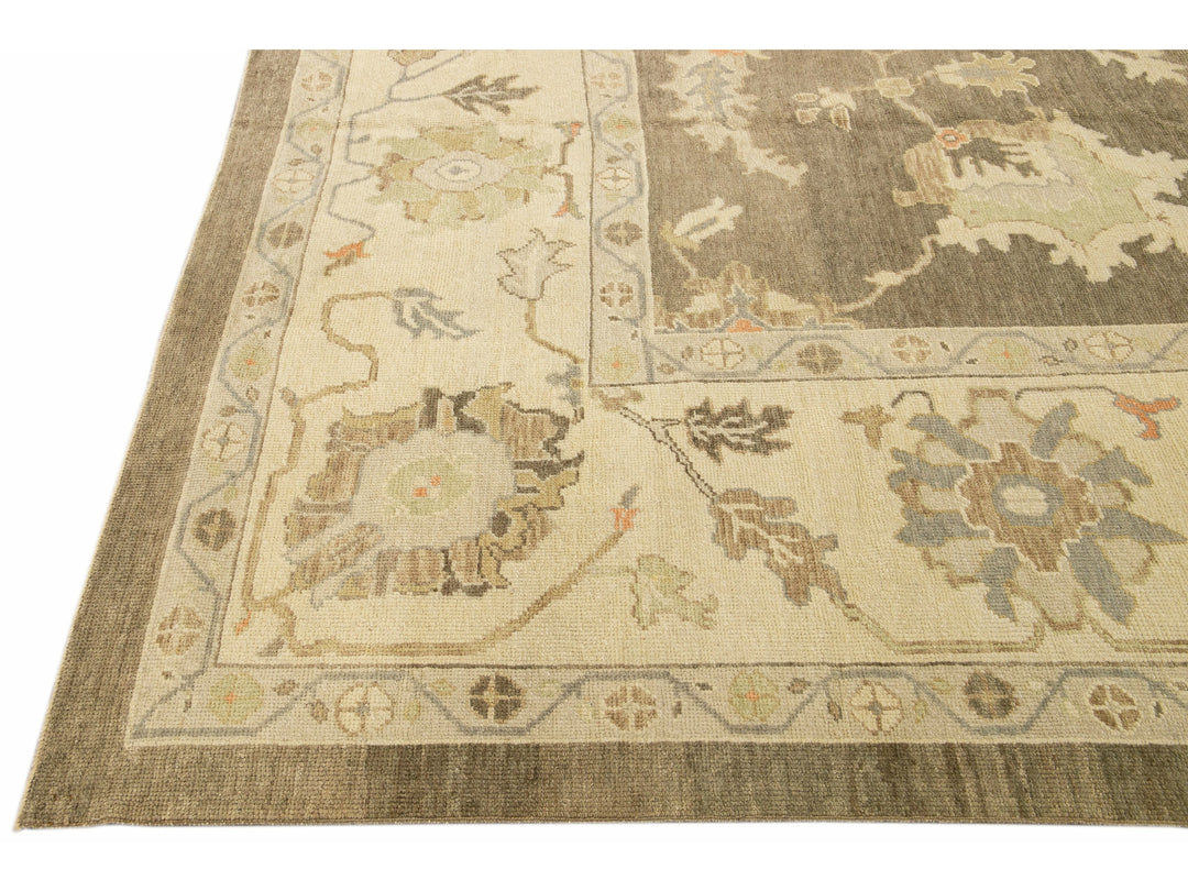 Modern Turkish Oushak Handmade Floral Brown Wool Rug