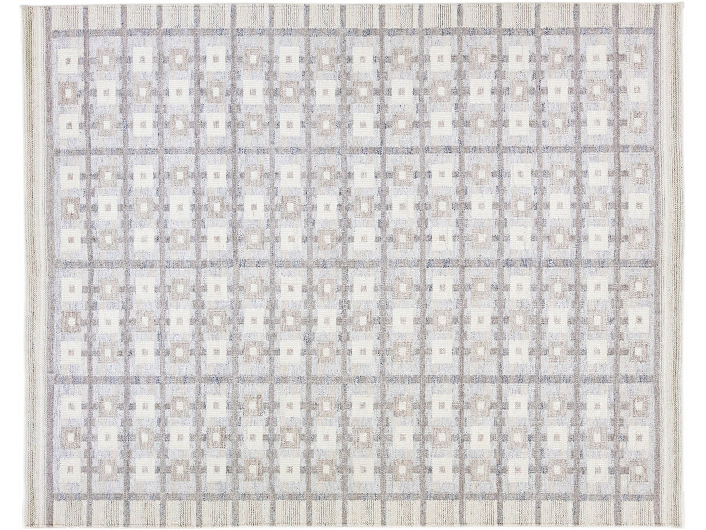 Modern Scandinavian Handmade Light Gray Wool Rug With Geometric Pattern